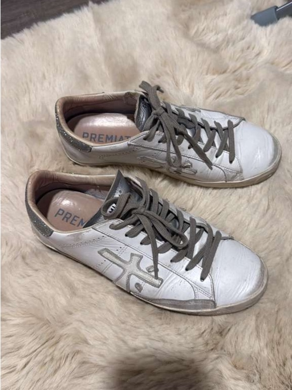 Premiata White Leather Low-Top Sneakers with Gray Accents